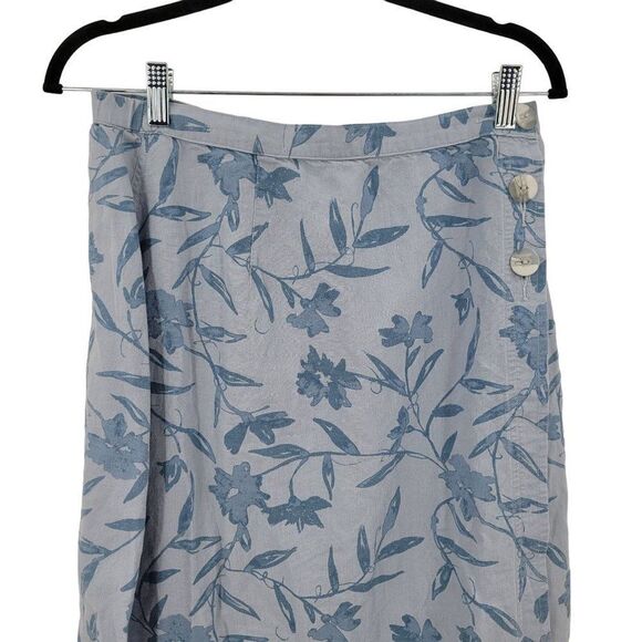 Vintage 80s Linen True Wrap Midi Skirt 12 Blue Monochromatic Floral Side Button - Picture 10 of 13
